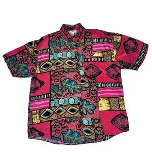 VTG STUNT COLLECTIONS Abstract Pattern Short Sleeve 100% Silk Shirt Women's L